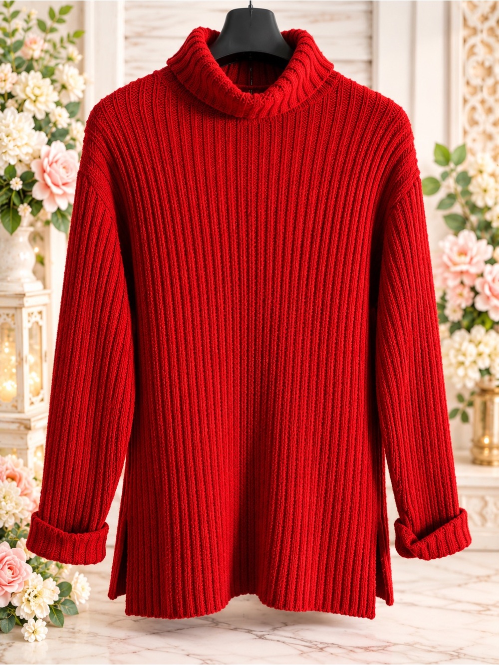 Express Tricot Red Ribbed Turtleneck Sweater Size L Side Slits